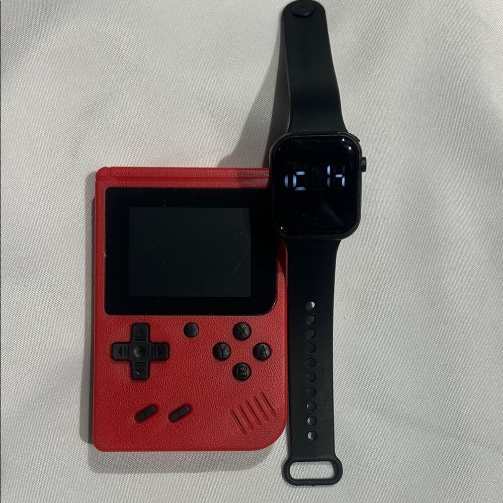 Retro Handheld Game Console and Smartwatch Set - Red and Black